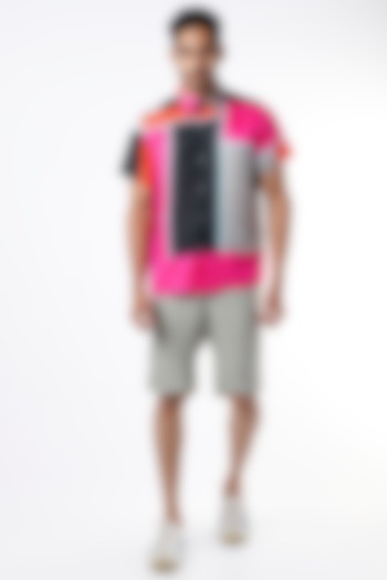 Fuchsia And Black Colour Blocked Shirt by Wendell Rodricks Men