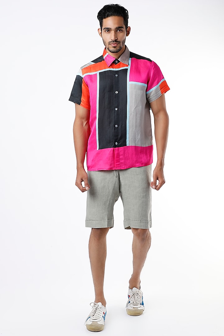 Fuchsia And Black Colour Blocked Shirt by Wendell Rodricks Men