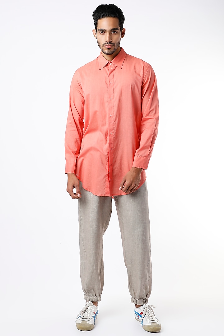 Dark Peach Cotton Long Shirt by Wendell Rodricks Men