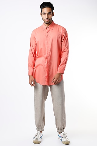 Dark Peach Cotton Long Shirt by Wendell Rodricks Men