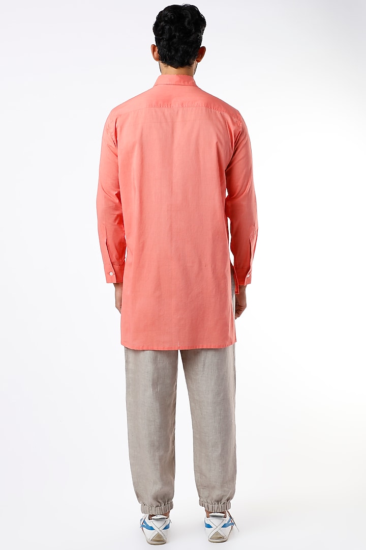 Dark Peach Cotton Long Party Wear Shirt by Wendell Rodricks Men at Pernia's Pop Up Shop