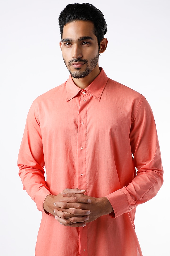 Dark Peach Cotton Long Party Wear Shirt by Wendell Rodricks Men at Pernia's Pop Up Shop