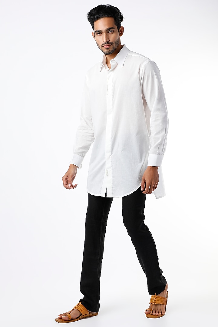 White Cotton Long Shirt by Wendell Rodricks Men