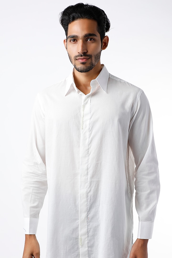 White Cotton Long Party Wear Shirt by Wendell Rodricks Men at Pernia's Pop Up Shop