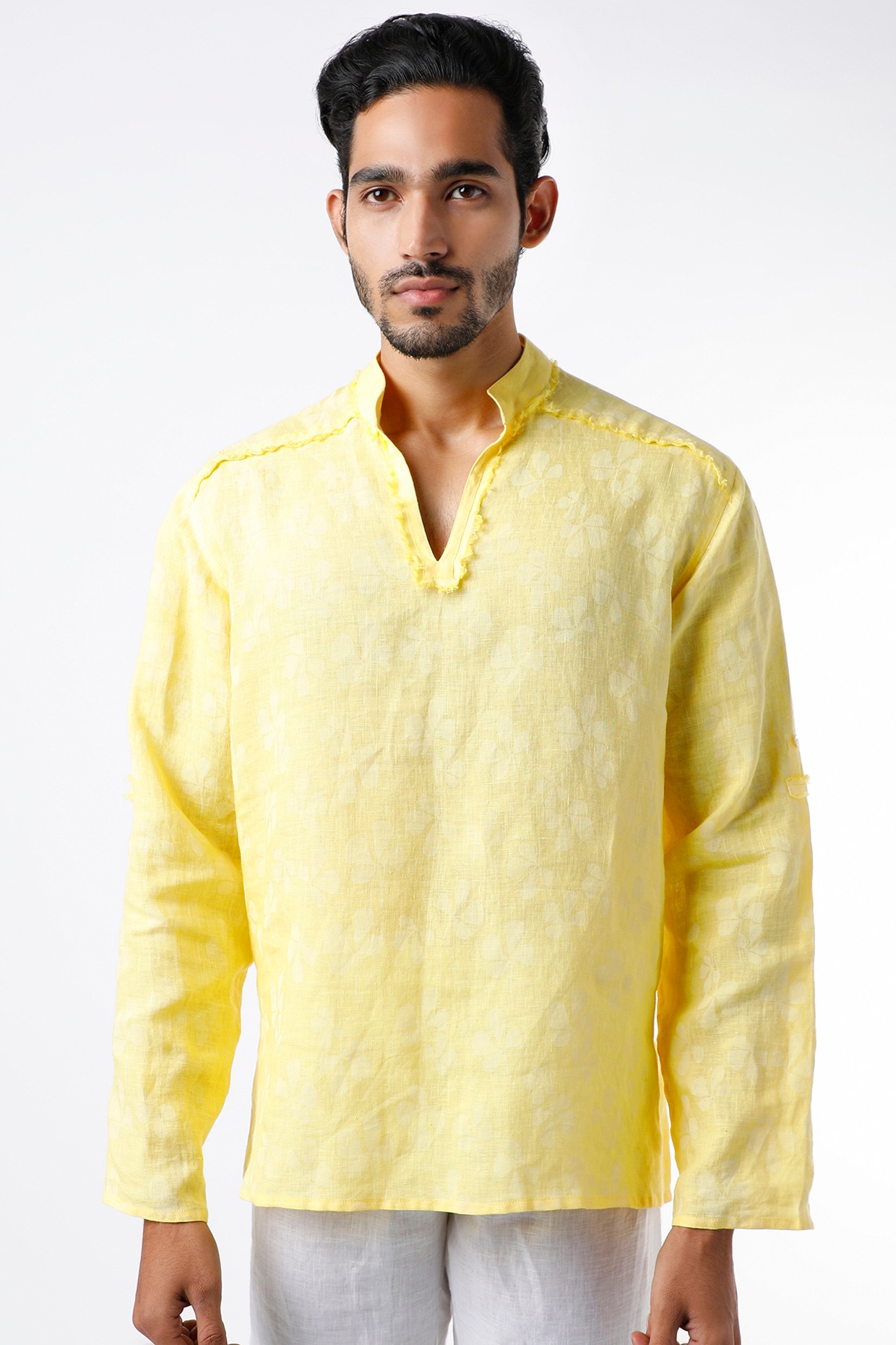 Yellow Linen Printed Shirt Kurta Design 
