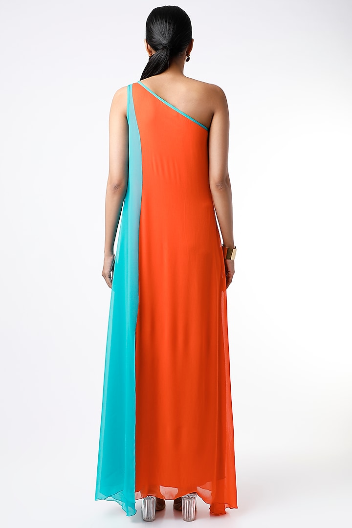 Orange & Turquoise One Shoulder Maxi Summer Dress by Wendell Rodricks at Pernia's Pop Up Shop