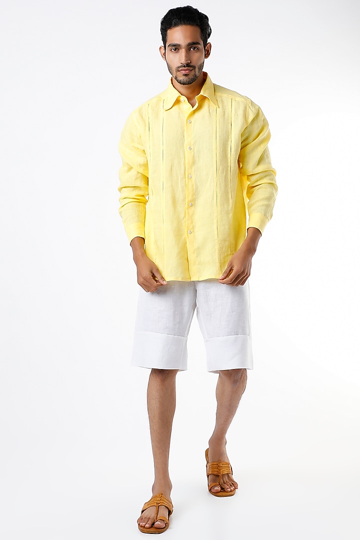 Light Yellow Party Wear Shirt With Ladder Seam Detail by Wendell Rodricks Men at Pernia's Pop Up Shop