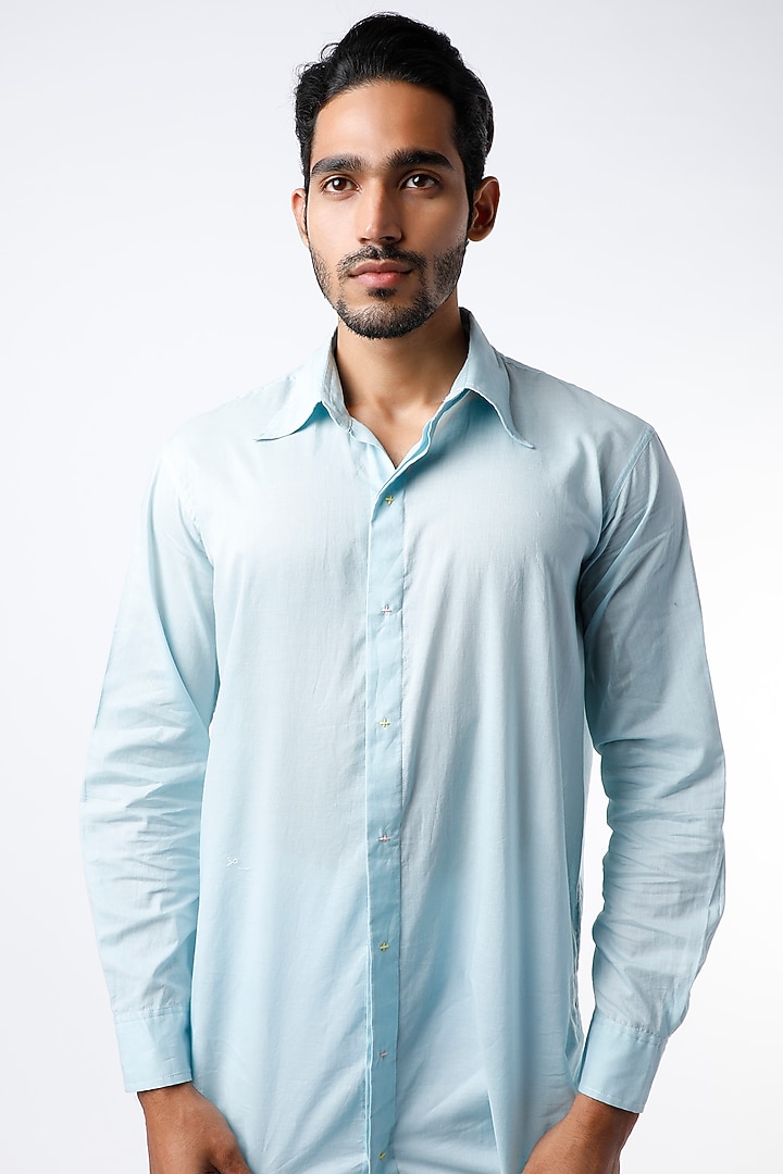 Pale Blue Cotton Long Party Wear Shirt by Wendell Rodricks Men at Pernia's Pop Up Shop