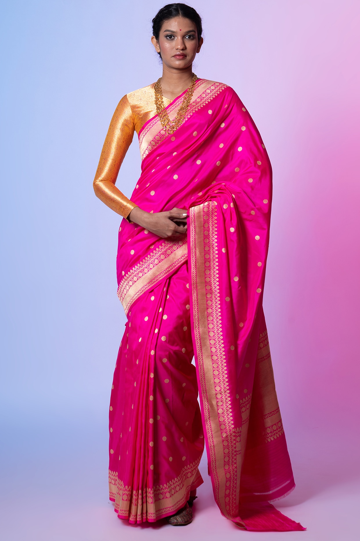 Buy Hot Pink Satin Printed Saree With Dual Tone Stripes KALKI Fashion India