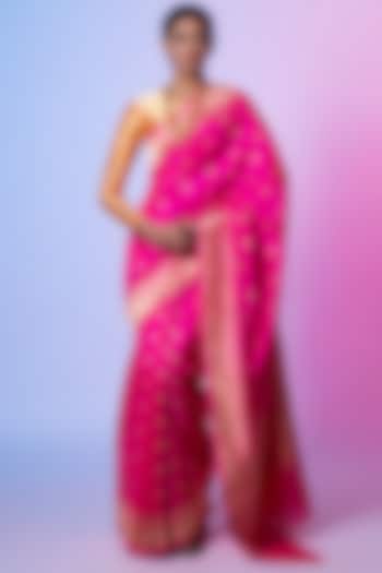 Hot Pink Banarasi Silk Zari Work Saree  by Warp 'N Weft