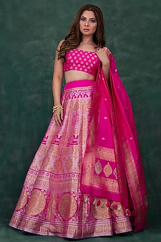 Hot Pink Silk Lehenga Set by Warp 'N Weft