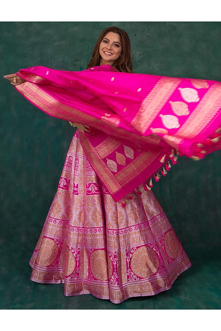 Hot Pink Silk Wedding Lehenga Set by Warp 'N Weft at Pernia's Pop Up Shop