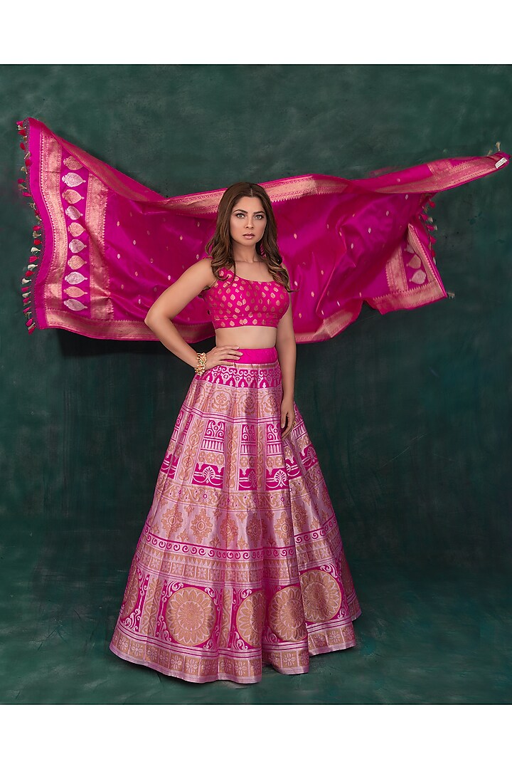 Hot Pink Silk Wedding Lehenga Set by Warp 'N Weft at Pernia's Pop Up Shop