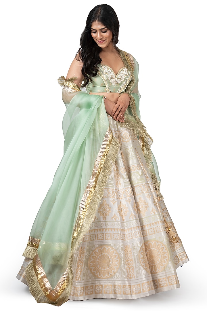 Silver Grey Banarasi Silk Wedding Lehenga Set by Warp 'N Weft at Pernia's Pop Up Shop