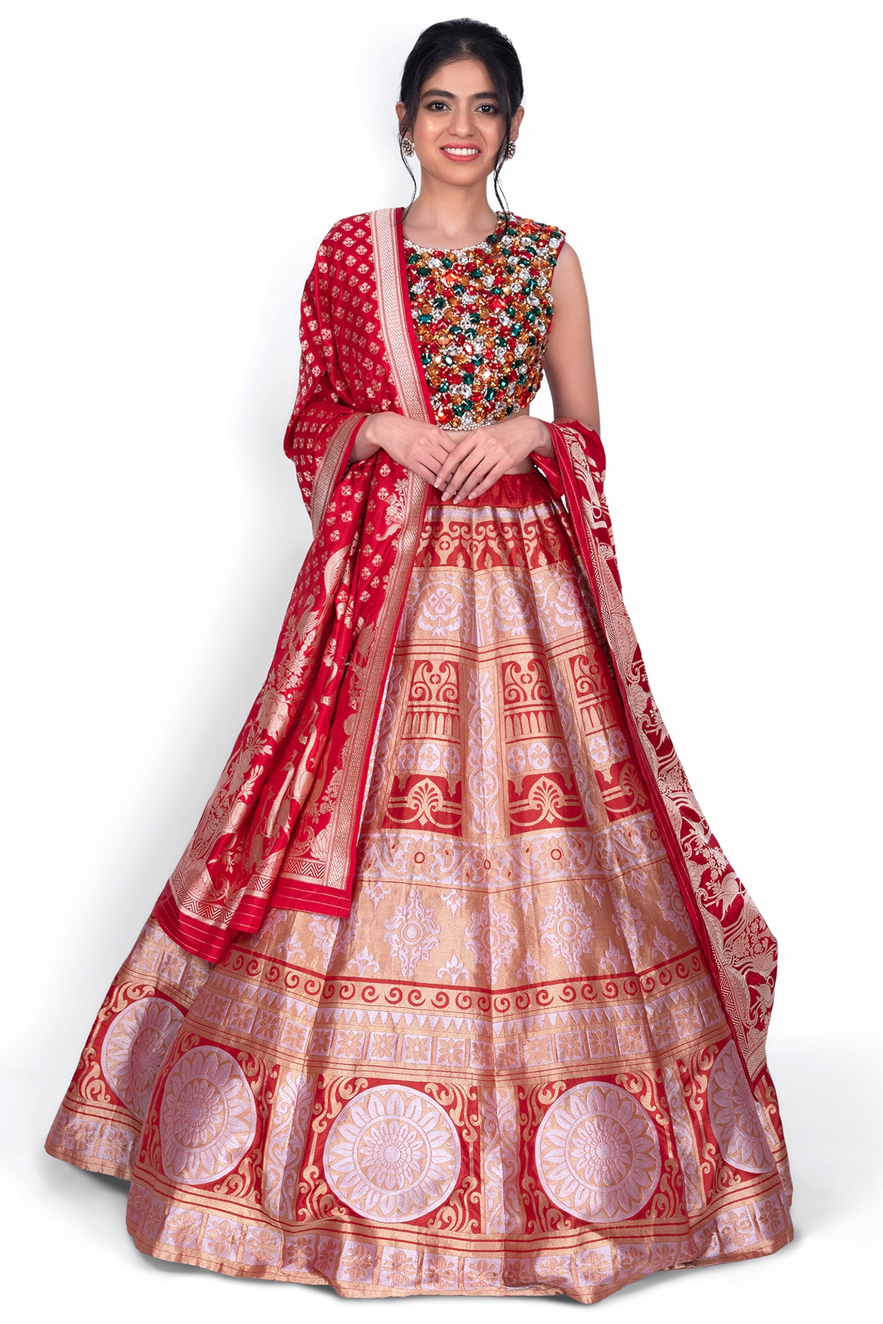 Warp 'N Weft Brick Red Silk Lehenga Set