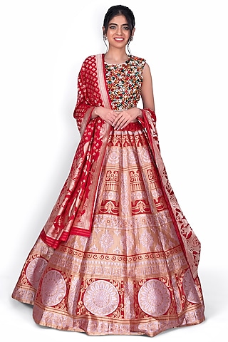 Brick Red Silk Lehenga Set by Warp 'N Weft