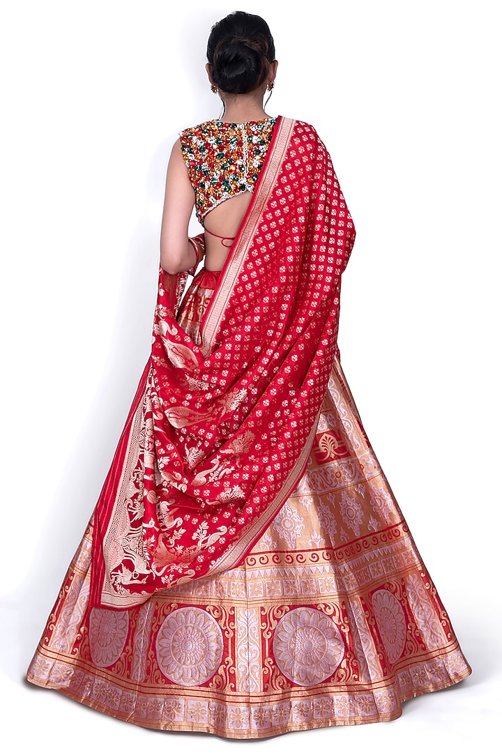 Brick Red Silk Wedding Lehenga Set by Warp 'N Weft at Pernia's Pop Up Shop