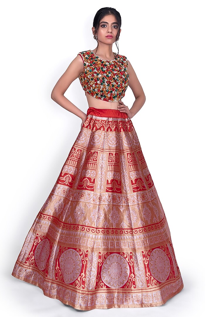 Brick Red Silk Wedding Lehenga Set by Warp 'N Weft at Pernia's Pop Up Shop