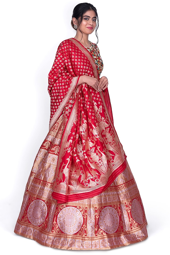Brick Red Silk Wedding Lehenga Set by Warp 'N Weft at Pernia's Pop Up Shop