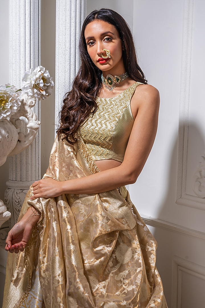 Silver & Gold Silk Wedding Lehenga Set by Warp 'N Weft at Pernia's Pop Up Shop