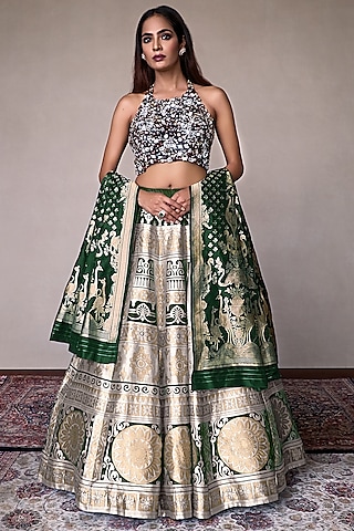 Emerald Embroidered Lehenga Set by Warp 'N Weft