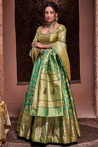 Jade Embroidered Lehenga Set by Warp 'N Weft
