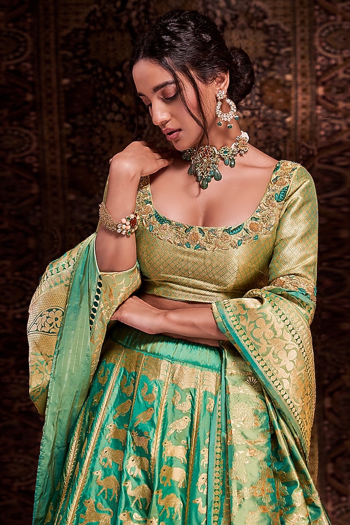 Jade Embroidered Bridal Lehenga Set by Warp 'N Weft at Pernia's Pop Up Shop