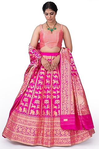Pink Silk Floral Embroidered Lehenga Set by Warp 'N Weft