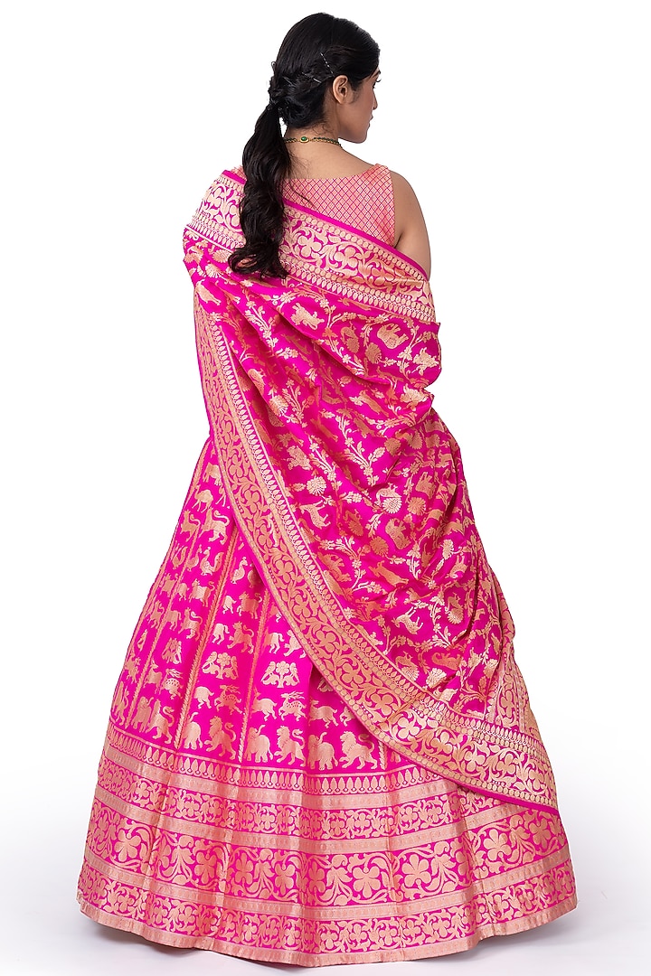 Pink Silk Floral Embroidered Bridal Lehenga Set by Warp 'N Weft at Pernia's Pop Up Shop