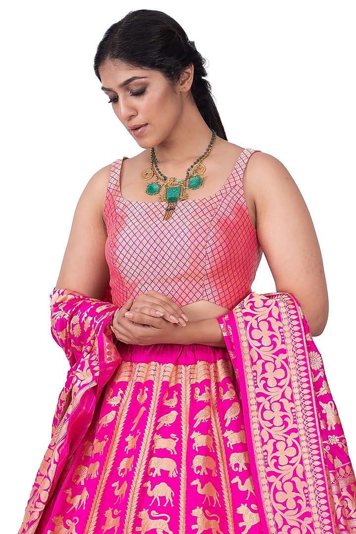 Pink Silk Floral Embroidered Bridal Lehenga Set by Warp 'N Weft at Pernia's Pop Up Shop