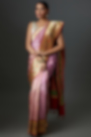 Pink Banarasi Silk & Katan Silk Printed Handwoven Saree by Warp 'N Weft