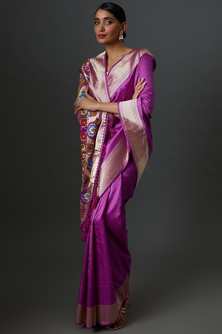 Purple Banarasi Satin Silk Printed Handwoven Saree by Warp 'N Weft