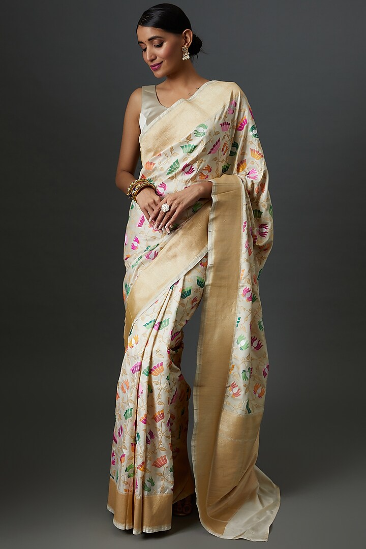 White Banarasi Silk Printed Handwoven Saree by Warp 'N Weft