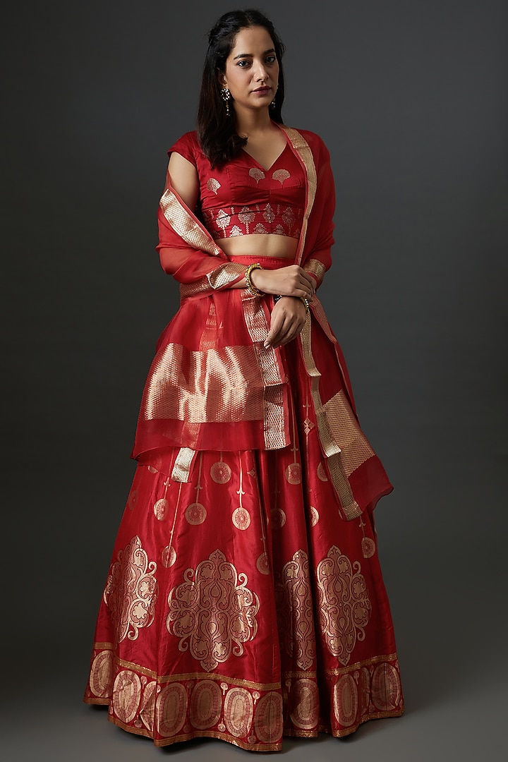 Red Banarasi Silk Handwoven Lehenga Set by Warp 'N Weft