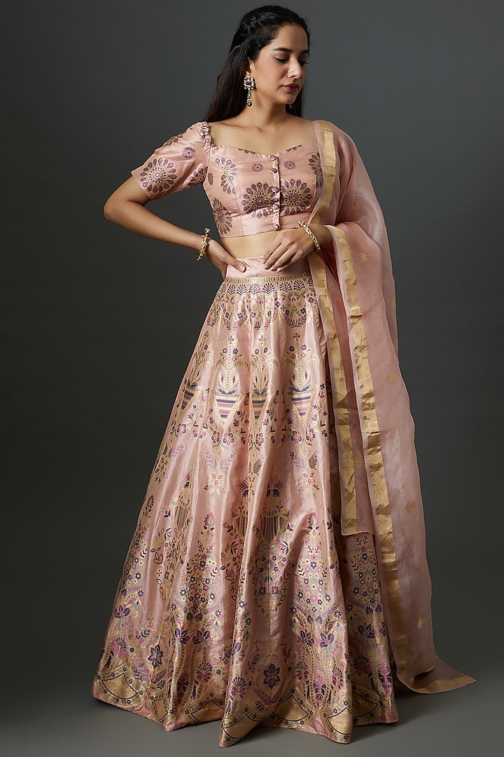 Rose Pink Banarasi Silk Handwoven Lehenga Set by Warp 'N Weft