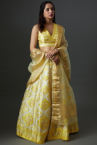 Yellow Banarasi Silk Handwoven Lehenga Set by Warp 'N Weft