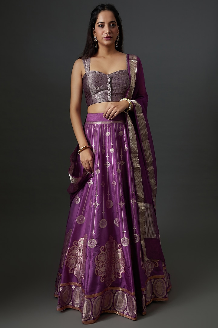 Purple Banarasi Silk Handwoven Lehenga Set by Warp 'N Weft