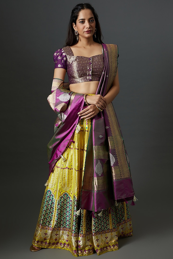 Yellow Banarasi Silk Handwoven Lehenga Set by Warp 'N Weft