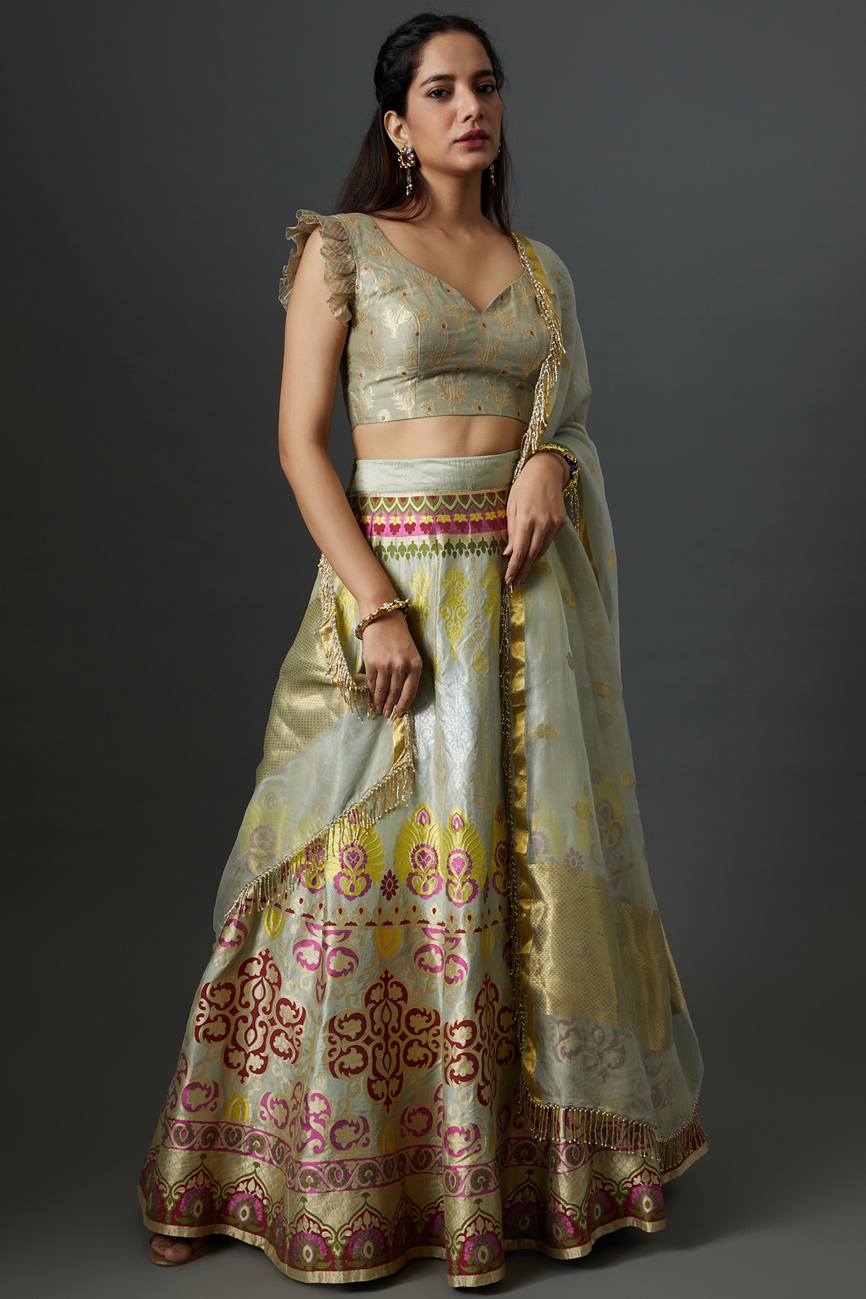 Green Jacquard Banarasi Silk A-line Lehenga With Blouse - Flaher - 3150642