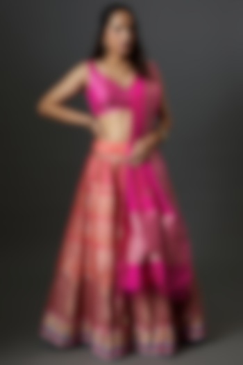 Pink Banarasi Silk Handwoven Lehenga Set by Warp 'N Weft