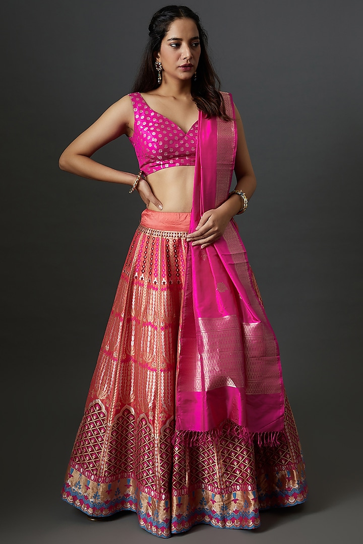 Pink Banarasi Silk Handwoven Lehenga Set by Warp 'N Weft