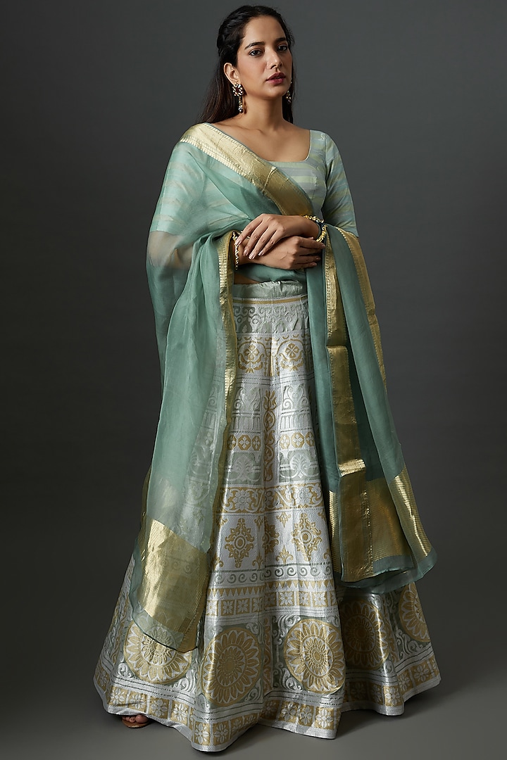 Blue Banarasi Silk Handwoven Lehenga Set by Warp 'N Weft