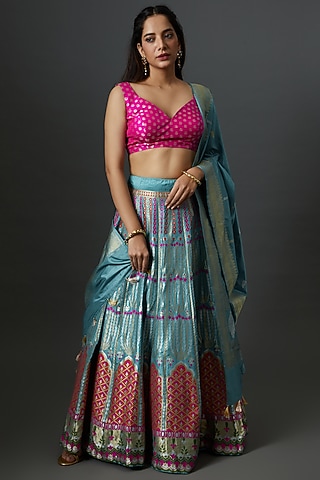 Blue Banarasi Silk Handwoven Lehenga Set by Warp 'N Weft