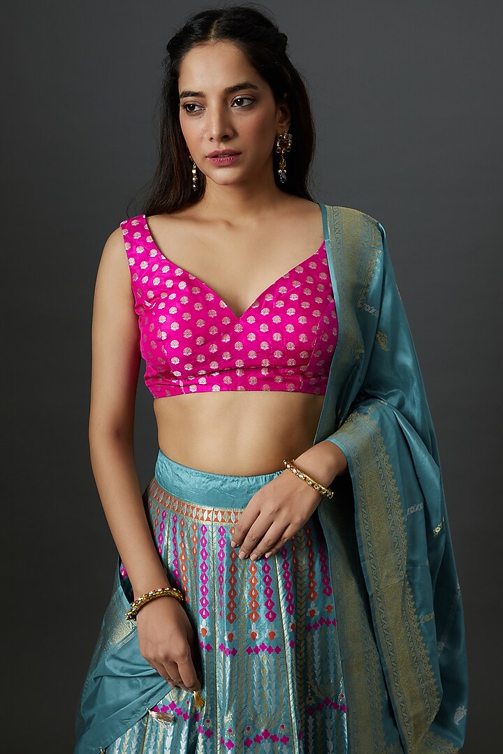 Blue Banarasi Silk Handwoven Wedding Lehenga Set by Warp 'N Weft at Pernia's Pop Up Shop