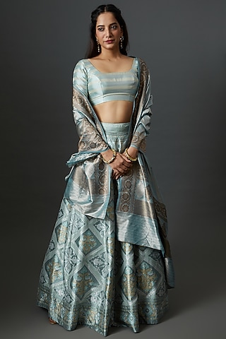Blue Banarasi Silk Handwoven Lehenga Set by Warp 'N Weft