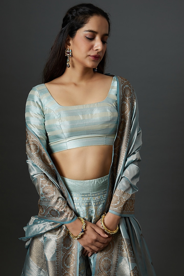 Blue Banarasi Silk Handwoven Bridal Lehenga Set by Warp 'N Weft at Pernia's Pop Up Shop