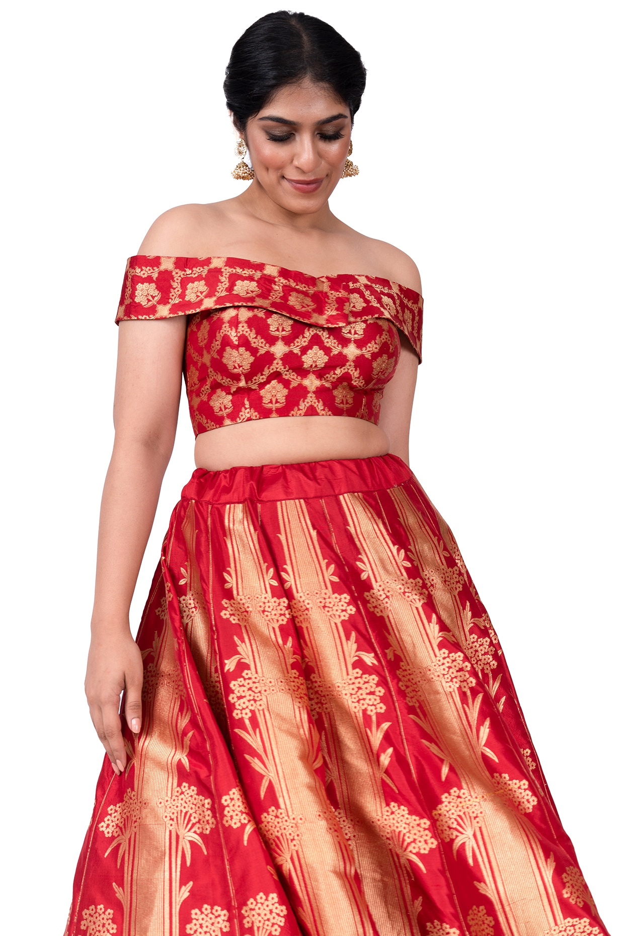 Warp 'N Weft Red Banarasi Silk Lehenga Set