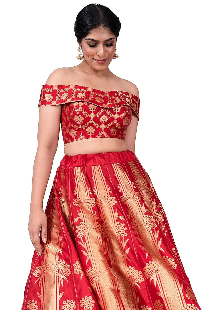Red Banarasi Silk Lehenga Set by Warp 'N Weft