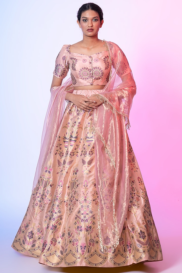 Baby Pink Handwoven Banarasi Lehenga Set by Warp 'N Weft