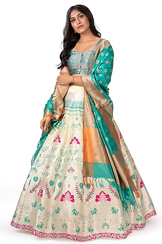 Mint Green Banarasi Silk Lehenga Set by Warp 'N Weft